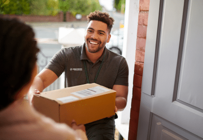 ASL courier van, transport and straight truck with final mile delivery driver and package handoff in background.