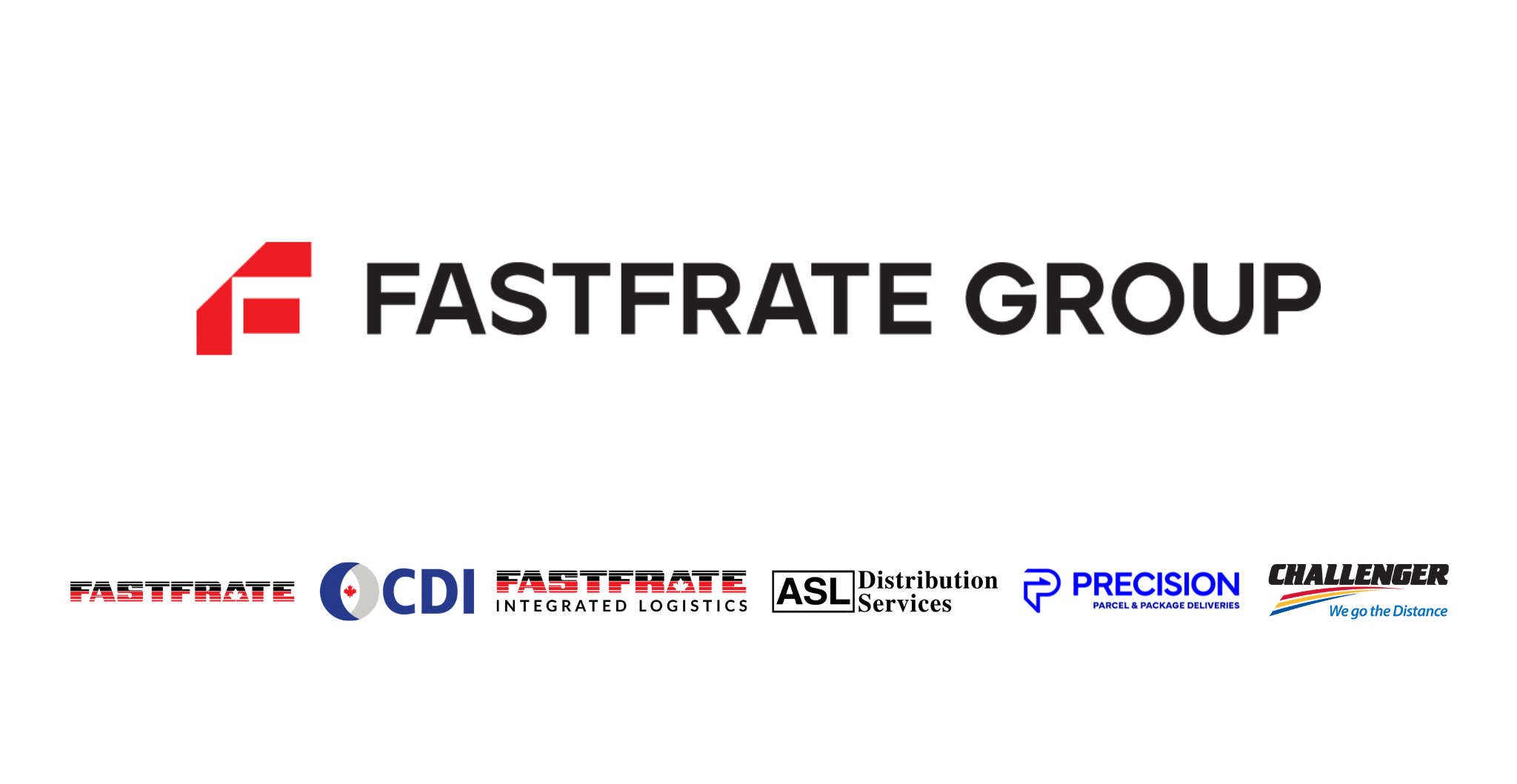 Large Fastfrate logo above Fastfrate Group company logos with maple leaf shadow in background